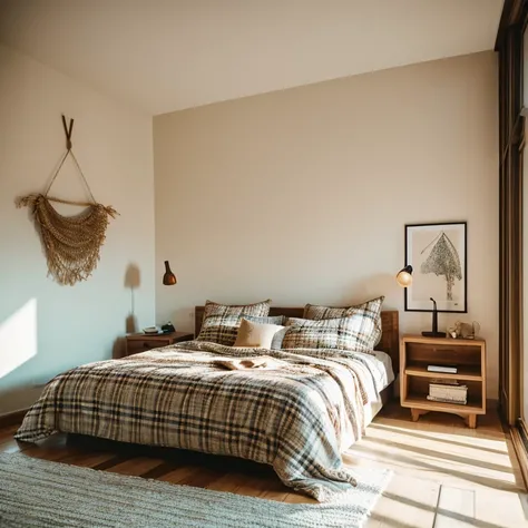 Masterpiece photo, Beautiful cozy bedroom in a modern style, minimalist style, natural colors, luxurious bed linen, plaid, table, garlands, warm light, cozy atmosphere, detailed photo, interior design, 8K