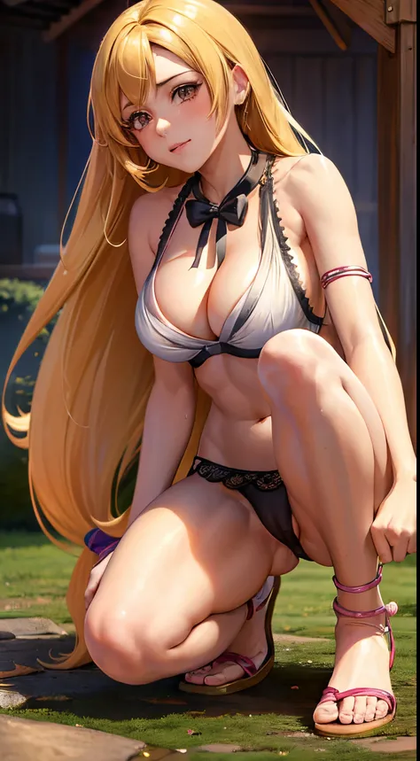 hermosa chica de anime, Atractivas chicas de anime, (Chica anime), The anime girl is crouching, Chica bonita de anime（（leaking urine）），（（Wet underwear）），（（Bigboobs）），（Calcetines morados）， Admite la timidez，con tatuajes，tacones altos