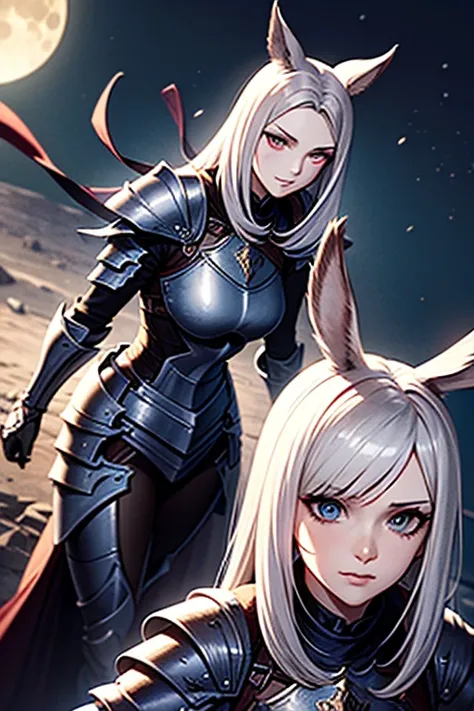 Femme Viera Final Fantasy 14 dans un combat, Complete knight armor, Habillé as a conserve box, Grande hache, ,silver-haired, Yeux verts, cheveux longs, cheveux courbés, pale complexion , No ears; pose dynamique, Clope Up view, sur la lune