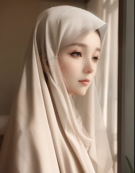 there is a woman wearing a white veil and a white head scarf, soft portrait shot 8 k, artwork in the style of guweiz, beautiful realistic photo, white hijab, beautiful portrait photo, [ realistic photography ], guweiz, very beautiful portrait, beautiful po...