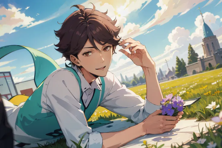 1 man, male focus, solo focus,((male)),perfect face,(((handsome))),oikawa tooru,lying on floor,looking at viewer,grass,sunny day, smiling, blue sky, clouds, flowers,cinematic lighting