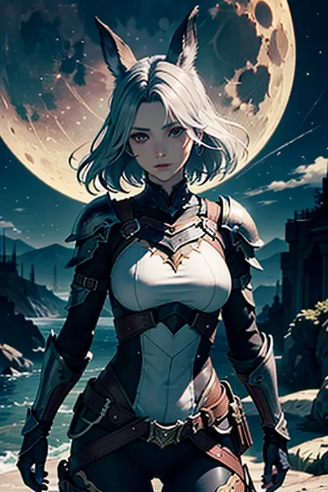 1 Femme Viera Final Fantasy 14 dans un combat, Dark Knight Armor, Great Sword, ,silver-haired, Yeux verts, cheveux longs, cheveux courbés, pale complexion , No ears; pose dynamique, Clope Up view, sur la lune