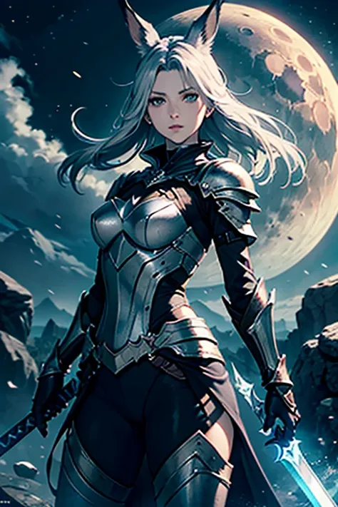 1 Femme Viera Final Fantasy 14 dans un combat, Dark Knight Armor, Great Sword, ,silver-haired, Yeux verts, cheveux longs, cheveux courbés, pale complexion , No ears; pose dynamique, Clope Up view, sur la lune