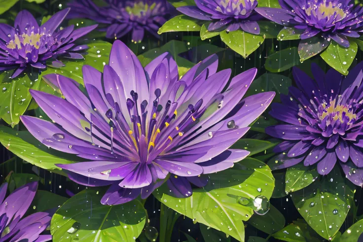 (best quality, high resolutions), raindrops on leaves and flowers, shades of (((purple and green))), Ultra-detailed, Landscape, vivid colors, Bokeh, Studio lighting