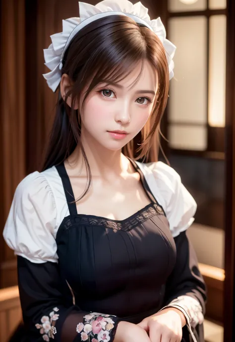 8K, of the highest quality, masutepiece:1.2), (Realistic, Photorealsitic:1.37), of the highest quality, masutepiece, Beautiful young woman, Pensive expression,、A charming、and an inviting look, Cute Maid Clothes, Hair tied back, Cinematic background, Light ...