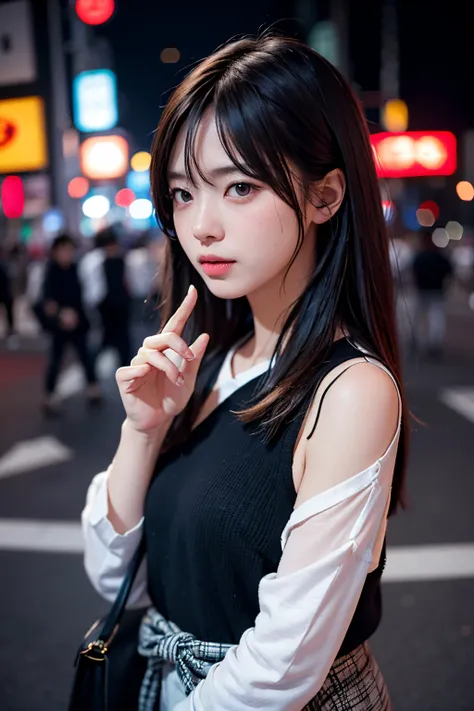 1girl, Tokyo street,night, cityscape,city lights, upper body,close-up, 8k, RAW photo, best quality, masterpiece,realistic, photo-realistic,