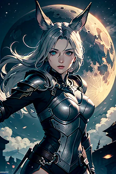 1 Femme Viera Final Fantasy 14 dans un combat, Dark Knight Armor, Great Sword, ,silver-haired, Yeux verts, cheveux longs, cheveux courbés, pale complexion , No ears; pose dynamique, Portrait, sur la lune