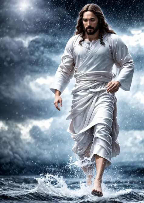 jesus walking on water in a storm, masterpiece, best quality, high quality, extremely detailed CG unit 8k wallpaper, award winning photography, Bokeh, Depth of Field, HDR, bloom, Chromatic aberration, photorealistic, extremely detailed, trending on artstat...