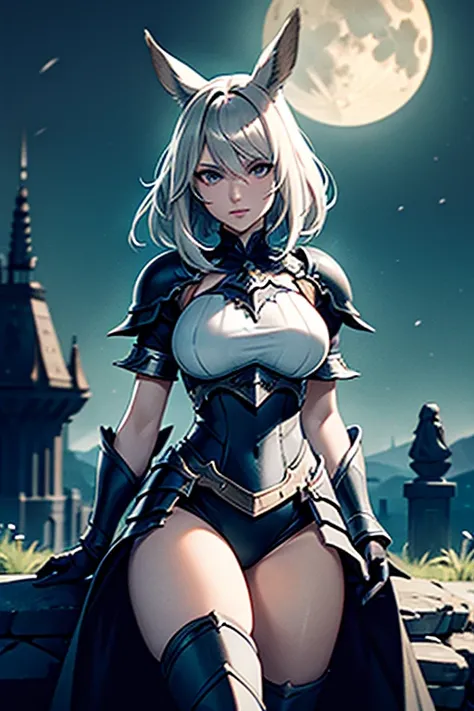 1 Femme Viera Final Fantasy 14 dans un combat, Dark Knight Armor, Great Sword, ,silver-haired, Yeux verts, cheveux longs, cheveux courbés, pale complexion , No ears; pose dynamique, Portrait, sur la lune