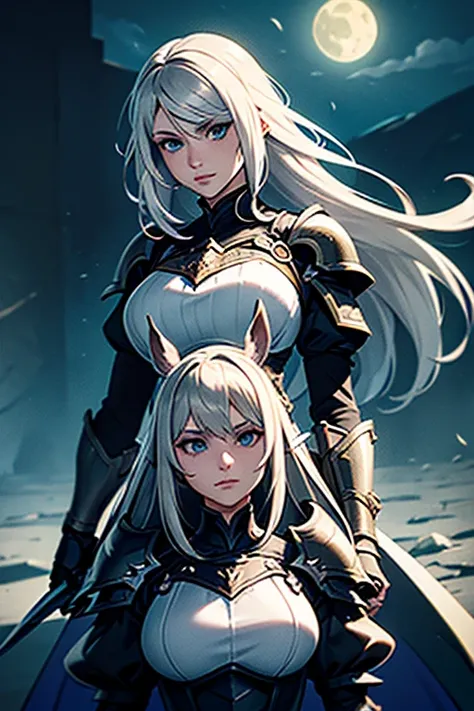 1 Femme Viera Final Fantasy 14 dans un combat, Dark Knight Armor, Great Sword, ,silver-haired, Yeux verts, cheveux longs, cheveux courbés, pale complexion , No ears; pose dynamique, Portrait, sur la lune