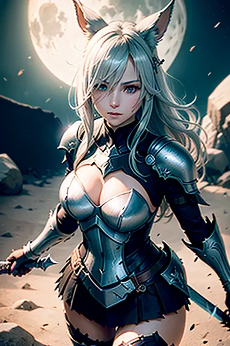 1 Femme Viera Final Fantasy 14 dans un combat, Dark Knight Armor, Great Sword, ,silver-haired, Yeux verts, cheveux longs, cheveux courbés, pale complexion , No ears; pose dynamique, Portrait, sur la lune