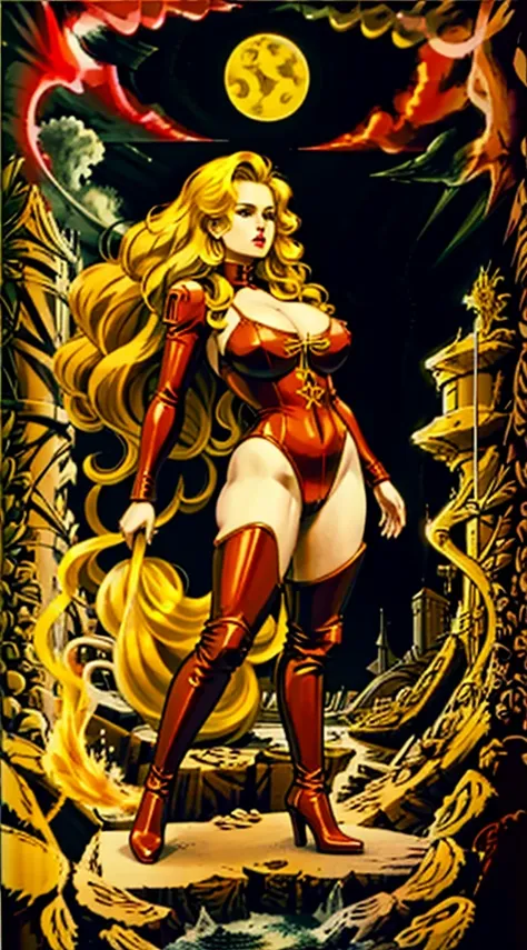 blond wavy hair, beautiful woman, wide hips, cleavage, jumpsuit, leotard, heavy boots, soviet propaganda