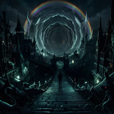 Town of nightmares, bridge to color rainbow portal, horror land , person