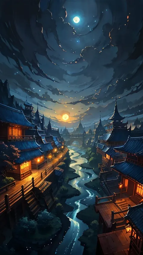 River painting with full moon as background，Inspired by Andreas Rochas digital art，Asian architecture，Pixiv competition winner，Fantasy art，magical scenery，Magical environment，beautiful anime scenery，detailed dreamscape，beautiful anime scenes，nighttime scen...