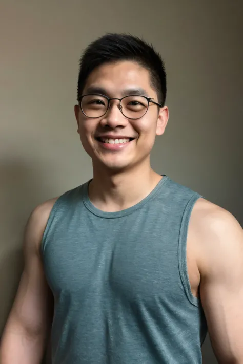 Andrew thomas huang, oval face, eyeglasses, neat muscular, (((happy))), sleeveless shirt