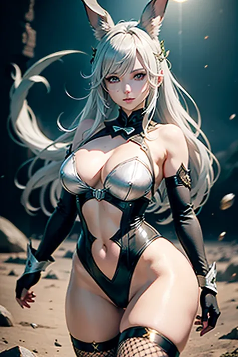 1 Femme Viera Final Fantasy 14 dans un combat, Bunny Girl Outfit, fishnet stockings, Talon Haut ,silver-haired, Yeux verts, cheveux longs, cheveux courbés, pale complexion , No ears; pose dynamique, Portrait, sur la lune