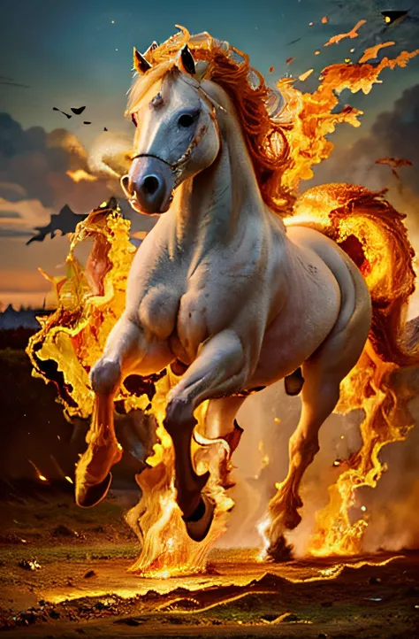 (real flaming white horse),illustration,high-resolution,ultra-detailed,realistic painting,vivid colors,elegant pose,stunning mane and tail,galloping in a surreal landscape, (fiery flaming mane, flaming tail, flaming legs:1.5),magical atmosphere,majestic pr...