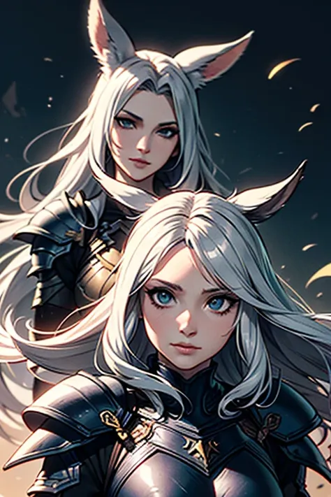 1 Femme Viera Final Fantasy 14 dans un combat, Dark Knight Armor, Great Sword, ,silver-haired, Yeux verts, cheveux longs, cheveux courbés, pale complexion , No ears; pose dynamique, Portrait, sur la lune