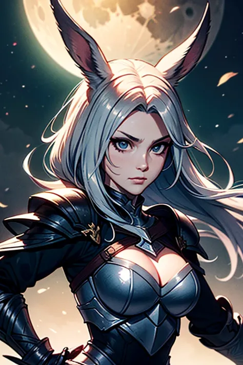 1 Femme Viera Final Fantasy 14 dans un combat, Dark Knight Armor, Great Sword, ,silver-haired, Yeux verts, cheveux longs, cheveux courbés, pale complexion , No ears; pose dynamique, Portrait, sur la lune