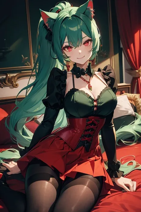 A smiling 25 year old cat girl, dark turquoise green hair, blood red eyes, long ponytail, short black dress with corset, pantyhose tights, high red boots and red jewel necklace.