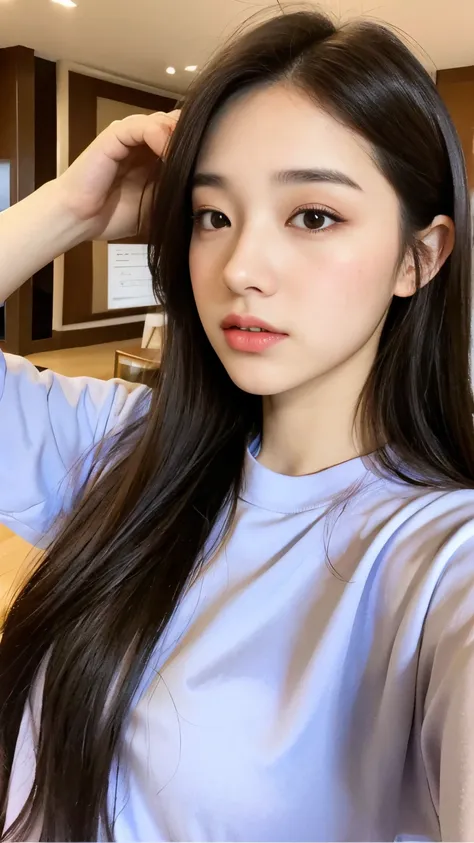 Young woman with long hair posing for a photo, 19yo girl, Clear lips and high quality, small lips, Pointed nose, 🤤 girl portrait, 1 8 yo, Korean Girl, Yoshitomo Nara, sakimichan, 2 2 years old, ulzzang, 8k selfie photograph