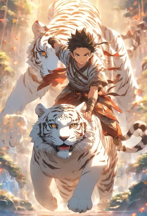 (tmasterpiece), (Best quality), Cinematic quality，Rendered by Octane，Ultra-detailed details，1 boy，Riding on the back of a white tiger，Fantasy wonderland background