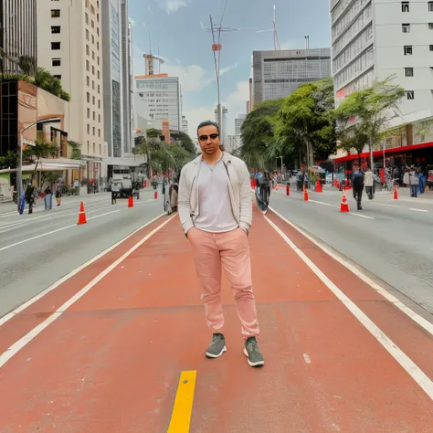 homem arafiado parado em uma ciclovia em uma cidade, standing in a city center, In Sao Paulo, standing in a city street, standing in the street, standing in the streets, standing in street, standing in street, avenida paulista, São Paulo, standing on road,...