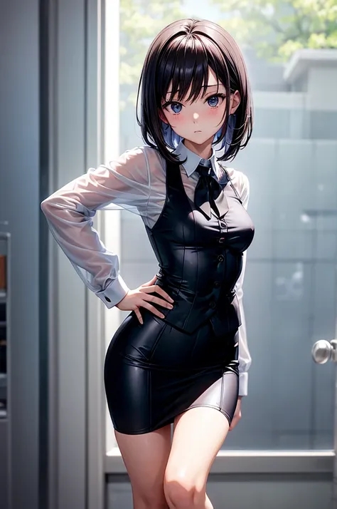 anime girl, fair skinned, petite, medium breasts, medium waist, wearing tight skirt and a suit with see-through white shirt and a black tie, 3/4th view from back standing in a bent down pose, underwear visible