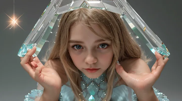 Russian blonde child girl , And a set of green and white crystals in his hands, cristais verdes brilhantes, translucent crystals, Aglomerados de cristais, cristal verde, cristais brilhantes, aquamarine, pedras preciosas muito realistas, material de cristal...