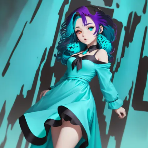 anime,Masterpiece, Best Quality, 1 Girl, solo, (Heterochromia, Purple right eye:1.6, Red left eye), (turquoise hair :2.0) (Straight hair), (Long hair: 1.4), (turquoise dress: 1.4), (long-sleeved dress:1.2), (Shoulder-baring
outfit)(black necktie:1.2), 
(Ov...