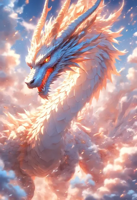 (tmasterpiece), (Best quality), Cinematic quality，Rendered by Octane，Ultra-detailed details，A cloud dragon composed of white clouds，Huge white dragon，Slender dragon body，Circling body，Dragon tail，Dragons horn，dragon claw，