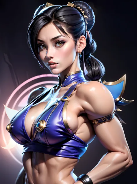 ((best quality)), ((master part)), ((Realistic)) and ultra-detailed photograph of a girl with gothic colors. Chun- li， ((Chun- li)), Vestido em (micro-fio dental preto pequeno, black micro-bikini:motivo da estrela ) , ((Beautiful and Aesthetic)), abdominai...