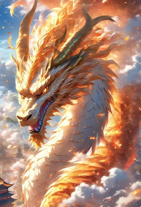 (tmasterpiece), (Best quality at best), Cinematic quality，Rendered by Octane，Ultra-detailed details，Cloud dragon composed of white clouds，Huge Chinese dragon，Slender dragon body，body of revolution，Dragon tail，Dragons Horn，dragon claw，