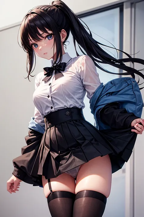 anime girl wearing a skirt and a suit with see-through white shirt and a black tie showing her underwear