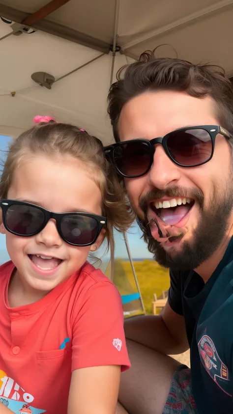 there is a man and a little girl that are smiling, with a kid, cool dad vibes, hipster dad, with sunglass, having a great time, wearing cool sunglasses, kids, profile pic, kid, charli bowater and artgeem, enes dirig, vacation photo, by Romain brook, 2019, ...