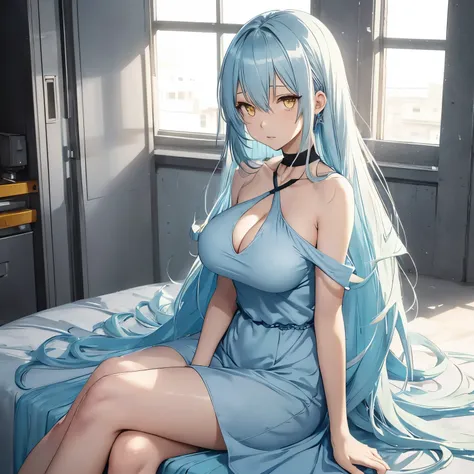 Anime, female, light blue hairs, yellow eyes, long hair, massive boobs, short dress, thigh, bare shoulder, collarbone, sitting, looking at viewer, in building, black dress