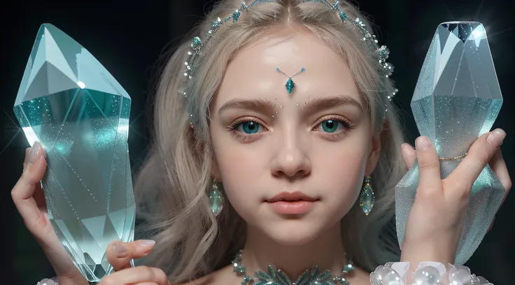 Russian blonde child girl , And a set of green and white crystals in his hands, cristais verdes brilhantes, translucent crystals, Aglomerados de cristais, cristal verde, cristais brilhantes, aquamarine, pedras preciosas muito realistas, material de cristal...