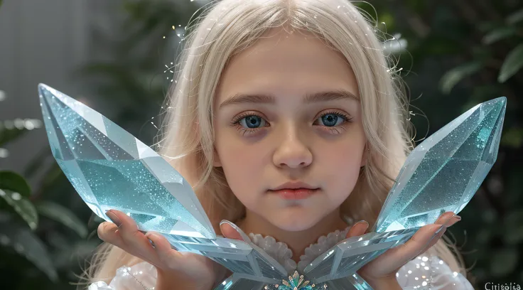 Russian blonde child girl , And a set of green and white crystals in his hands, cristais verdes brilhantes, translucent crystals, Aglomerados de cristais, cristal verde, cristais brilhantes, aquamarine, pedras preciosas muito realistas, material de cristal...