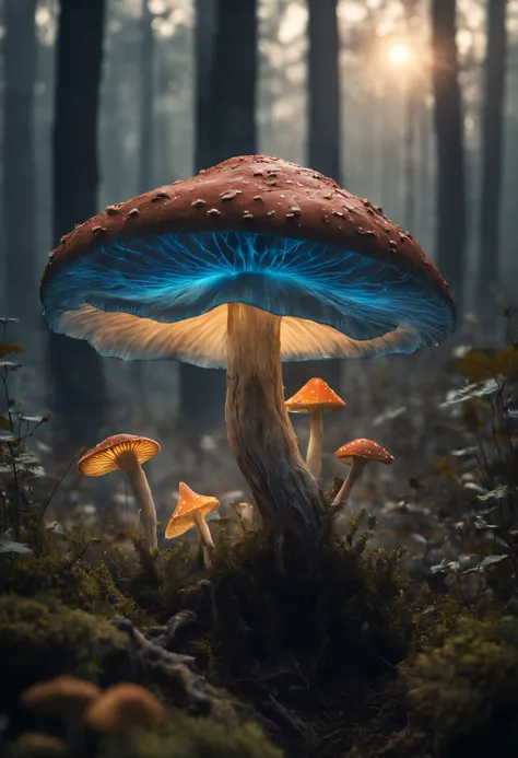 The main is１book mushroom、As it approaches the ground, it becomes a terrifying smoke with strange shapes.、A mushroom covered in smoke that emits a mysterious light.、Mesmerizing surreal movie stills of Alice in Wonderland, magical dreamland bokeh background...