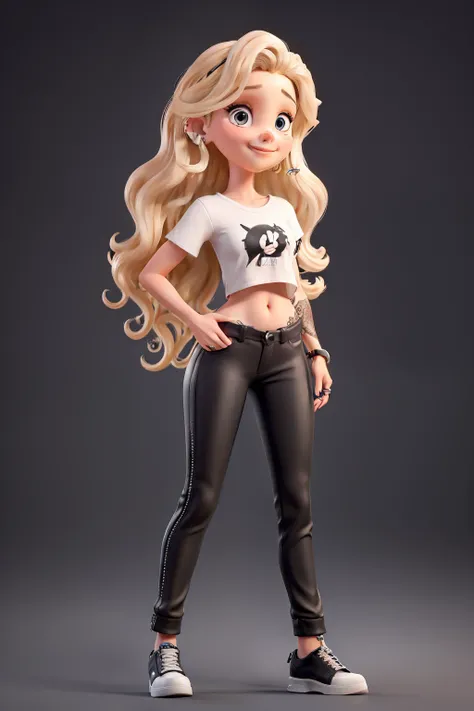 Young blonde woman with medium wavy hair with nose ring piercing, black and white tattooed left arm, Black leather pants, bora coturno e blusa de oncinha.