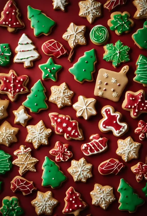 a creative overhead shot of a variety of Christmas cookies arranged in a beautiful pattern, showcasing their different shapes, colors, and decorations