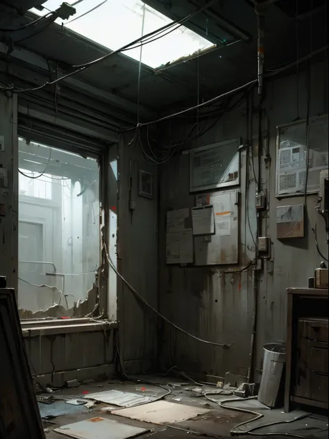 Complicated dark scifi room, very worn paints, grey panels, distressed mood, hanging wires, scratches, used, white lights.