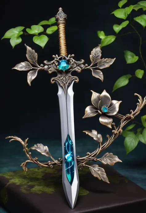 Magic Sword，Alloy iron flower，Alloy vines surround the magic sword,There are iron flowers on the sword，heavy metal style，metal art，flower made of iron，iron leaf，Full metallic luster，Metal texture in the post-industrial era，Crafts made from twisted alloy wi...