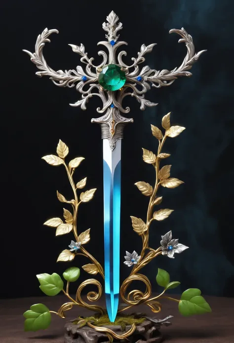 Magic Sword，Alloy iron flower，Alloy vines surround the magic sword,There are iron flowers on the sword，heavy metal style，metal art，flower made of iron，iron leaf，Full metallic luster，Metal texture in the post-industrial era，Crafts made from twisted alloy wi...