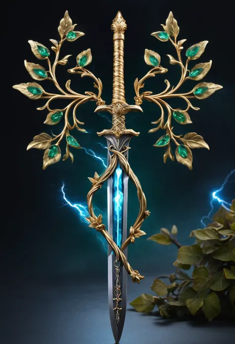 Magic Sword，Alloy iron flower，Alloy vines surround the magic sword,There are iron flowers on the sword，heavy metal style，metal art，flower made of iron，iron leaf，Full metallic luster，Metal texture in the post-industrial era，Crafts made from twisted alloy wi...