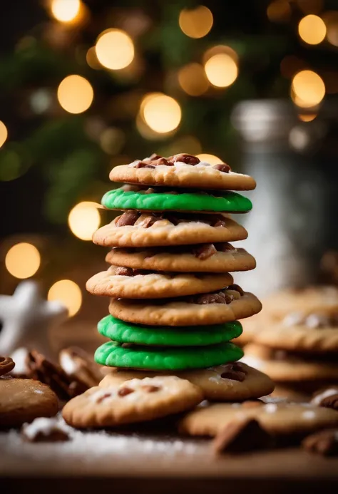 a creative shot of a stack of Christmas cookies with a blurred background, creating a dreamy and appetizing image