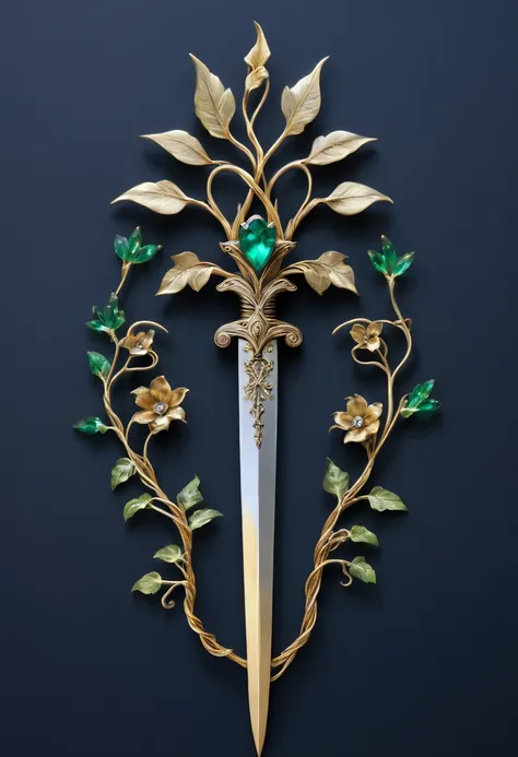 Magic Sword，Alloy iron flower，Alloy vines surround the magic sword,There are iron flowers on the sword，heavy metal style，metal art，flower made of iron，iron leaf，Full metallic luster，Metal texture in the post-industrial era，Crafts made from twisted alloy wi...