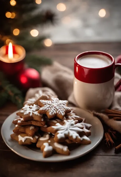 an image of a plate of Christmas cookies with a steaming cup of hot cocoa or coffee nearby, creating a cozy and inviting scene that celebrates the perfect holiday indulgence