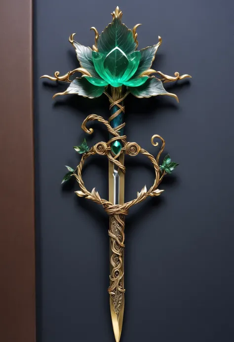 Magic Sword，Alloy iron flower，Alloy vines surround the magic sword,There are iron flowers on the sword，heavy metal style，metal art，flower made of iron，iron leaf，Full metallic luster，Metal texture in the post-industrial era，Crafts made from twisted alloy wi...