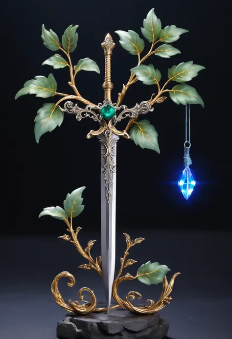 Magic Sword，Alloy iron flower，Alloy vines surround the magic sword,There are iron flowers on the sword，heavy metal style，metal art，flower made of iron，iron leaf，Full metallic luster，Metal texture in the post-industrial era，Crafts made from twisted alloy wi...